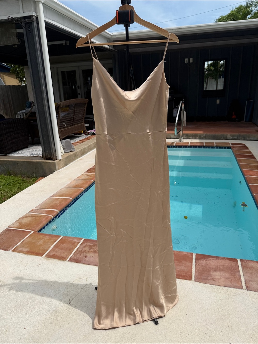 Jenny Yoo Nude Satin Cowl Neck Slip Maxi Dress